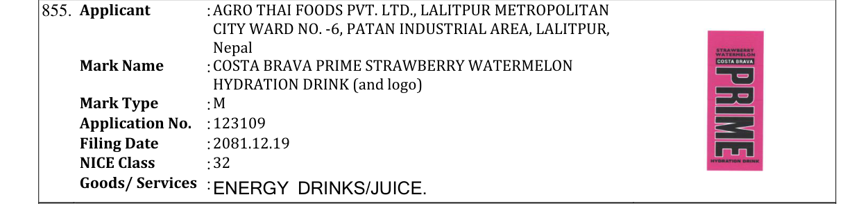 Original bulletin entry for COSTA BRAVA PRIME STRAWBERRY WATERMELON HYDRATION DRINK (and logo)