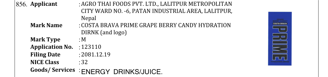 Original bulletin entry for COSTA BRAVA PRIME GRAPE BERRY CANDY HYDRATION DIRNK (and logo)
