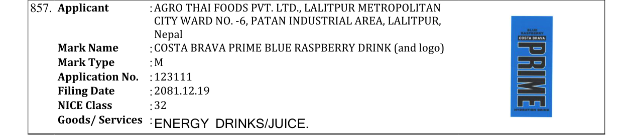 Original bulletin entry for COSTA BRAVA PRIME BLUE RASPBERRY DRINK (and logo)