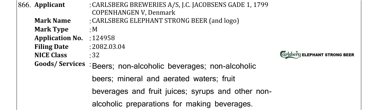 Original bulletin entry for CARLSBERG ELEPHANT STRONG BEER (and logo)