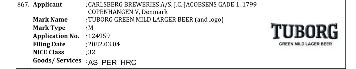 Original bulletin entry for TUBORG GREEN MILD LARGER BEER (and logo)