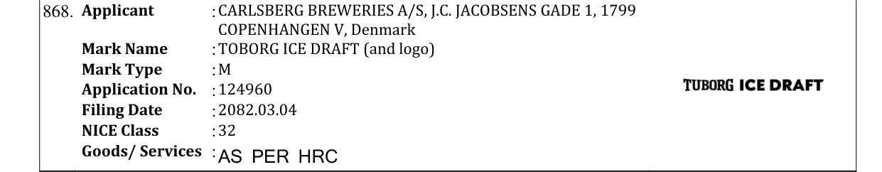 Original bulletin entry for TOBORG ICE DRAFT (and logo)