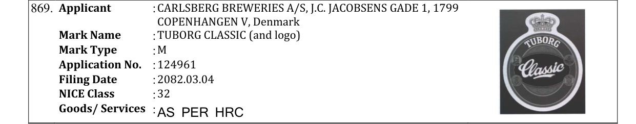 Original bulletin entry for TUBORG CLASSIC (and logo)