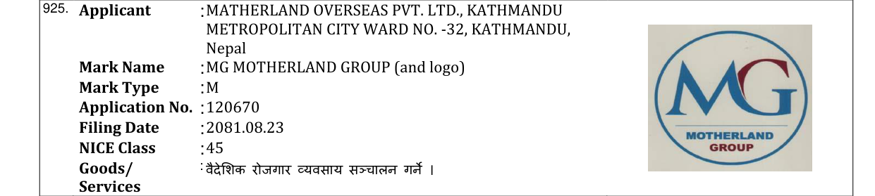 Original bulletin entry for MG MOTHERLAND GROUP (and logo)