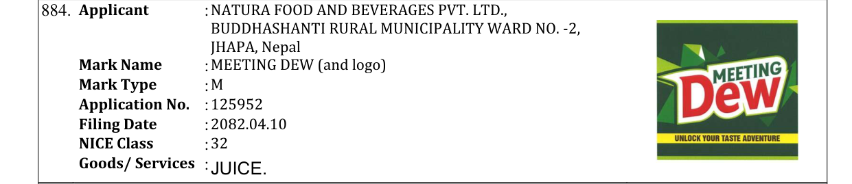 Original bulletin entry for MEETING DEW (and logo)
