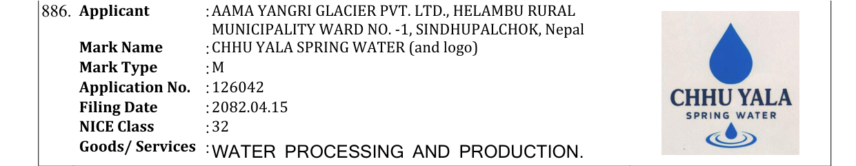 Original bulletin entry for CHHU YALA SPRING WATER (and logo)