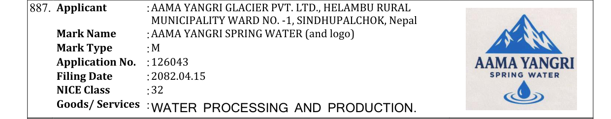 Original bulletin entry for AAMA YANGRI SPRING WATER (and logo)