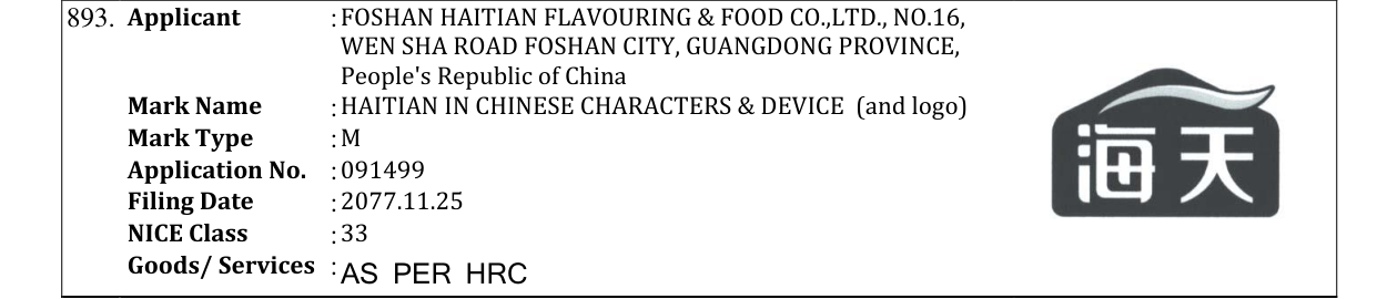 Original bulletin entry for HAITIAN IN CHINESE CHARACTERS & DEVICE (and logo)