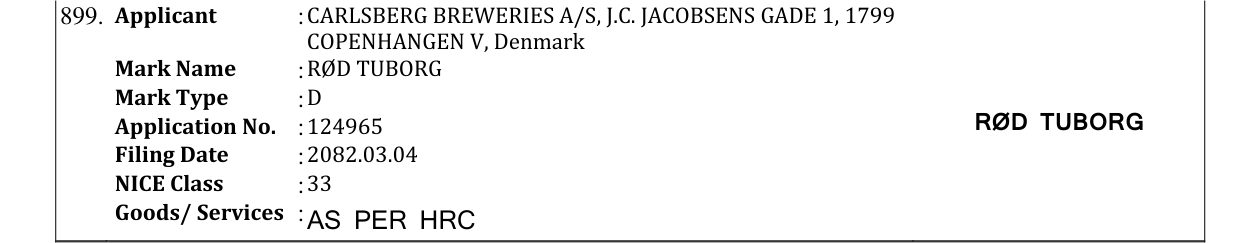 Original bulletin entry for RØD TUBORG