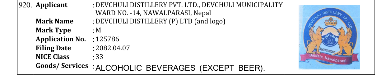 Original bulletin entry for DEVCHULI DISTILLERY (P) LTD (and logo)