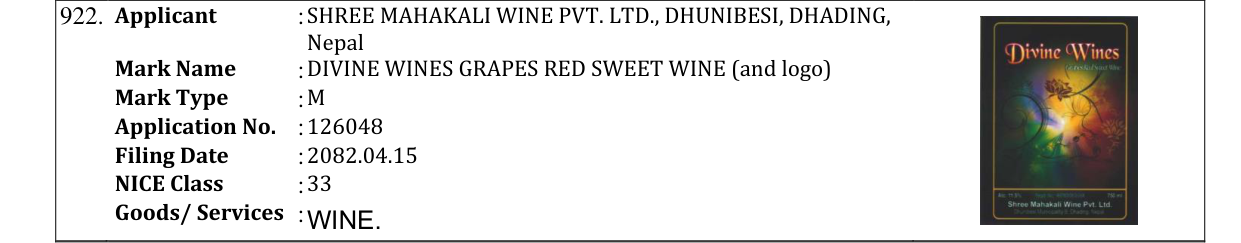 Original bulletin entry for DIVINE WINES GRAPES RED SWEET WINE (and logo)