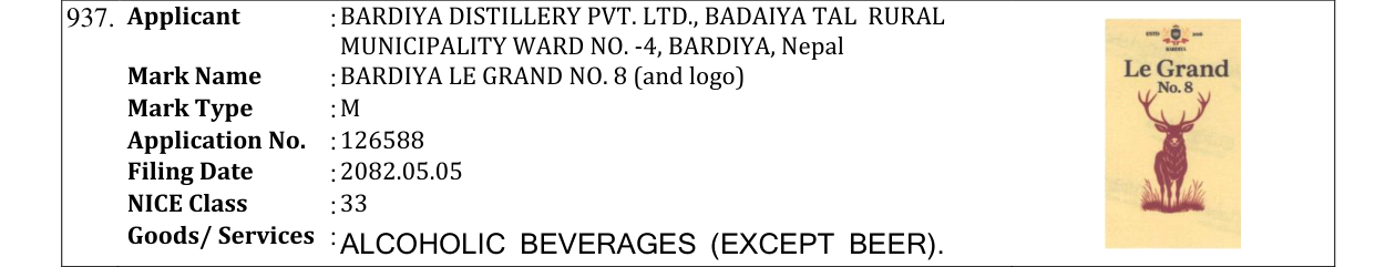 Original bulletin entry for BARDIYA LE GRAND NO. 8 (and logo)