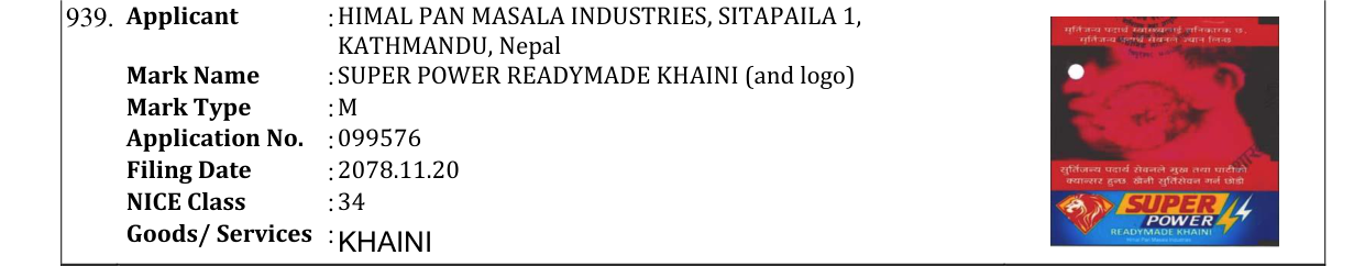 Original bulletin entry for SUPER POWER READYMADE KHAINI (and logo)