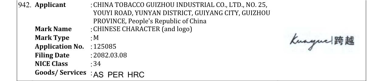 Original bulletin entry for CHINESE CHARACTER (and logo)