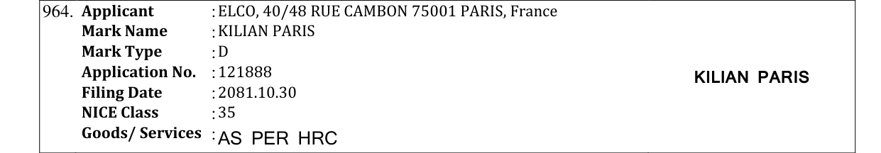 Original bulletin entry for KILIAN PARIS