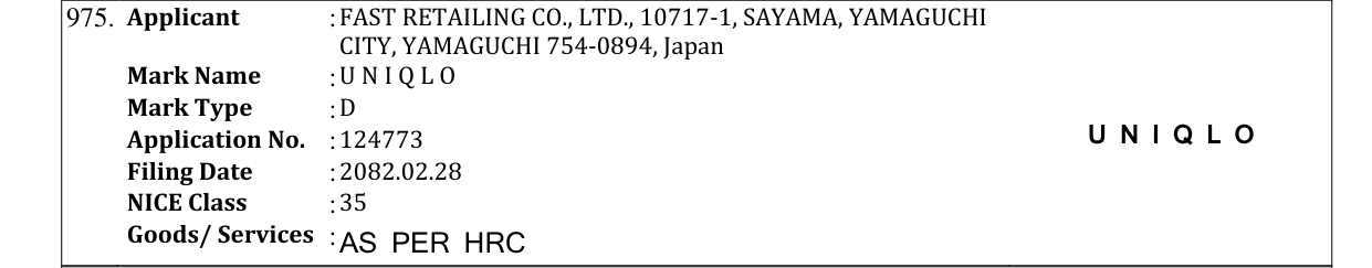 Original bulletin entry for U N I Q L O