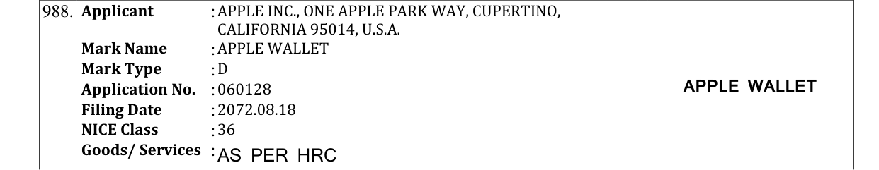 Original bulletin entry for APPLE WALLET