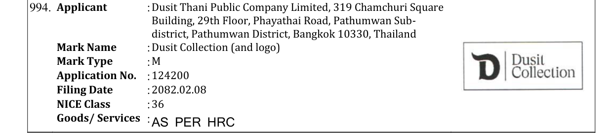 Original bulletin entry for Dusit Collection (and logo)