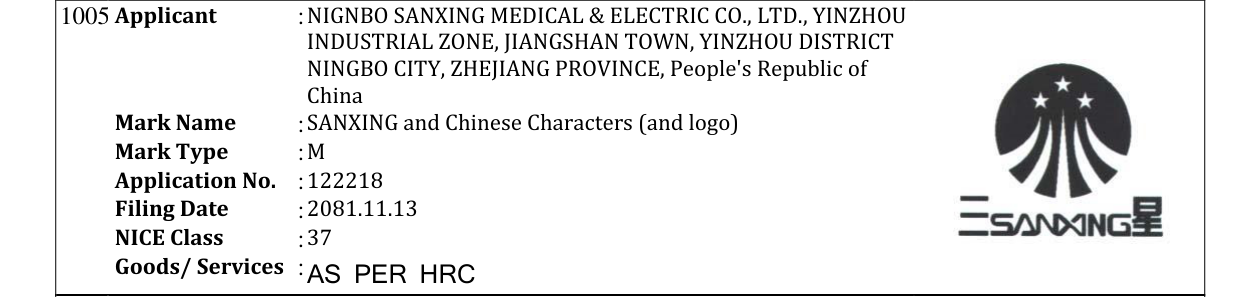 Original bulletin entry for SANXING and Chinese Characters (and logo)