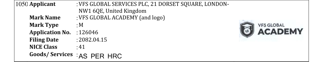 Original bulletin entry for VFS GLOBAL ACADEMY (and logo)