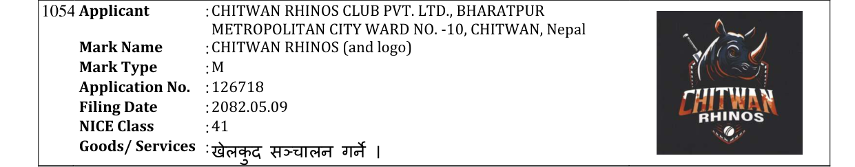 Original bulletin entry for CHITWAN RHINOS (and logo)