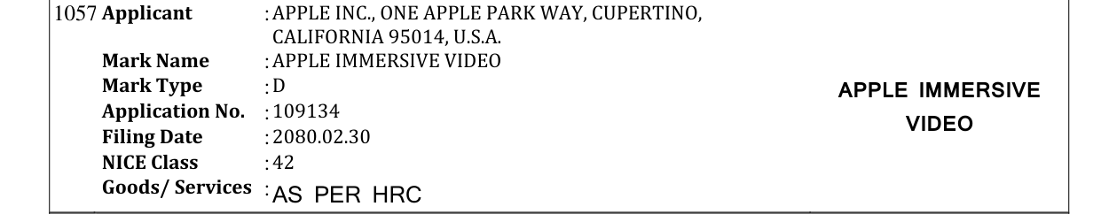 Original bulletin entry for APPLE IMMERSIVE VIDEO