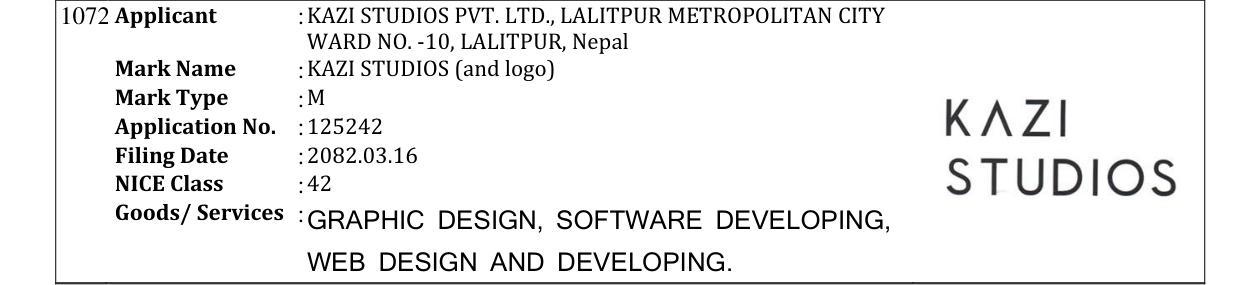 Original bulletin entry for KAZI STUDIOS (and logo)