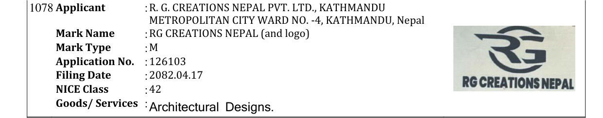 Original bulletin entry for RG CREATIONS NEPAL (and logo)