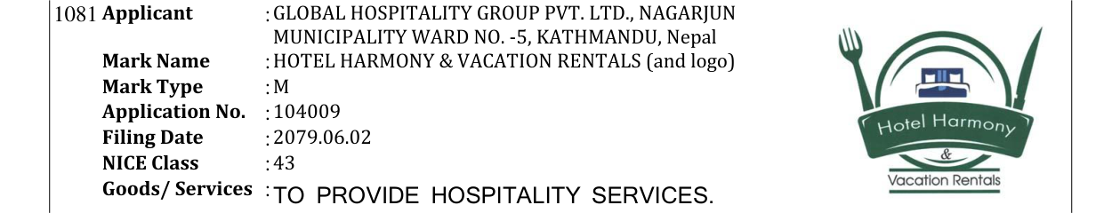 Original bulletin entry for HOTEL HARMONY & VACATION RENTALS (and logo)