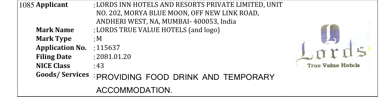 Original bulletin entry for LORDS TRUE VALUE HOTELS (and logo)