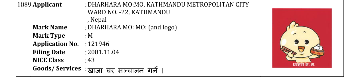 Original bulletin entry for DHARHARA MO: MO: (and logo)
