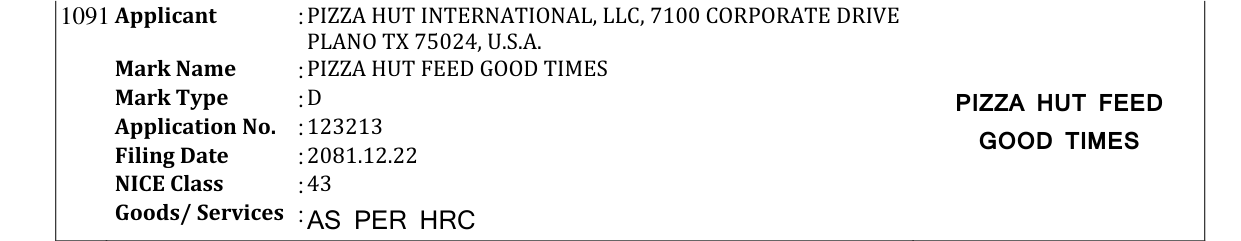 Original bulletin entry for PIZZA HUT FEED GOOD TIMES