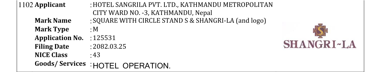 Original bulletin entry for SQUARE WITH CIRCLE STAND S & SHANGRI-LA (and logo)