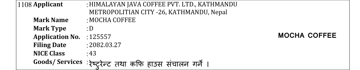 Original bulletin entry for MOCHA COFFEE