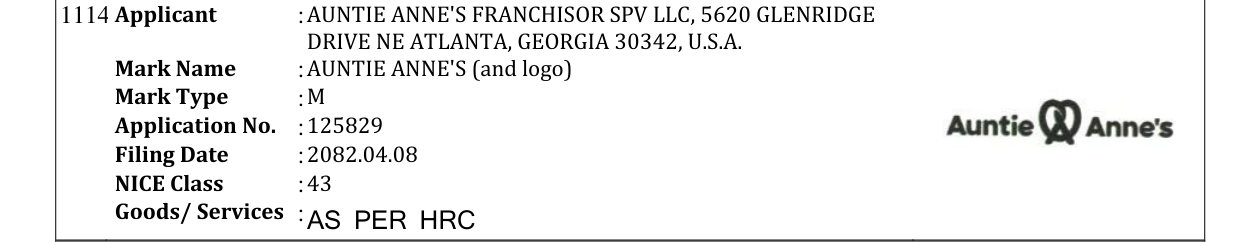 Original bulletin entry for AUNTIE ANNE'S (and logo)