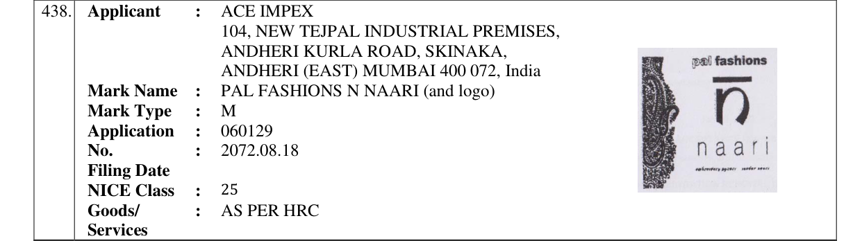 Original bulletin entry for PAL FASHIONS N NAARI (and logo)