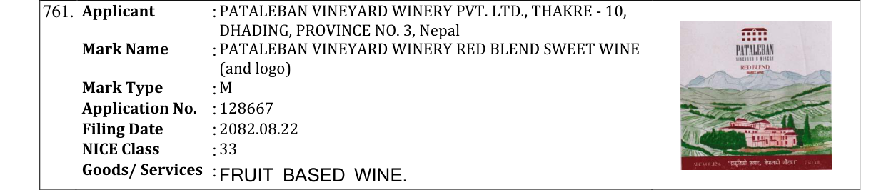 Original bulletin entry for PATALEBAN VINEYARD WINERY RED BLEND SWEET WINE (and logo)