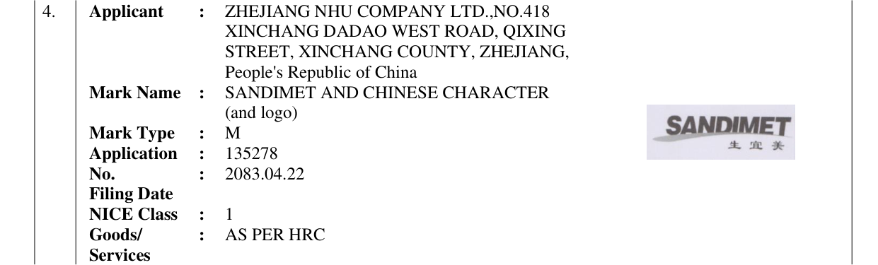 Original bulletin entry for SANDIMET AND CHINESE CHARACTER (and logo)