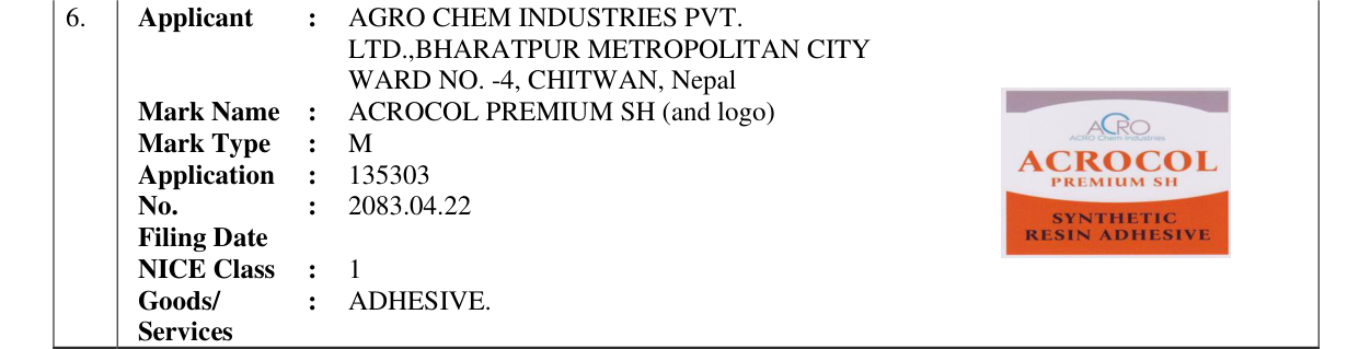 Original bulletin entry for ACROCOL PREMIUM SH (and logo)