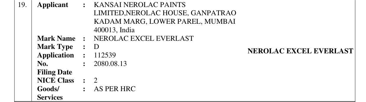 Original bulletin entry for NEROLAC EXCEL EVERLAST