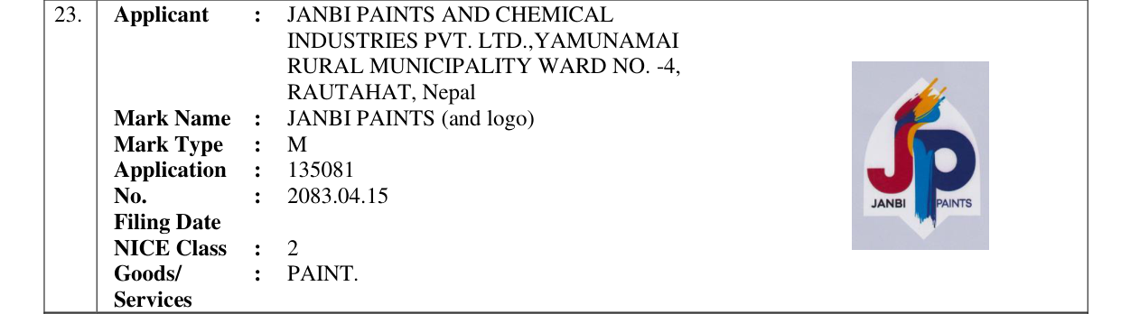 Original bulletin entry for JANBI PAINTS (and logo)