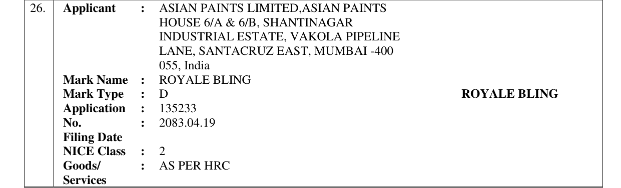 Original bulletin entry for ROYALE BLING