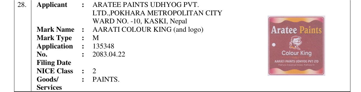 Original bulletin entry for AARATI COLOUR KING (and logo)