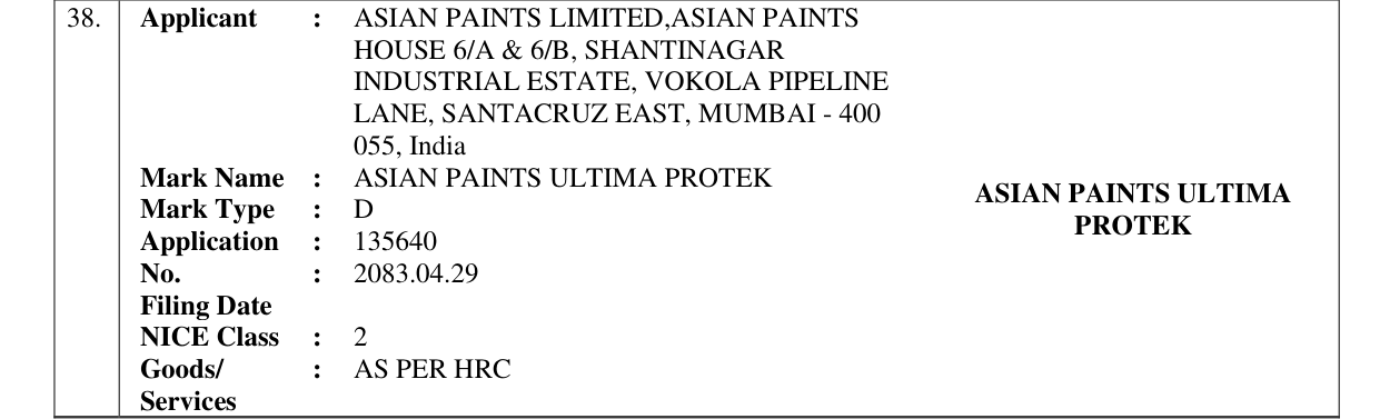 Original bulletin entry for ASIAN PAINTS ULTIMA PROTEK ASIAN PAINTS ULTIMA