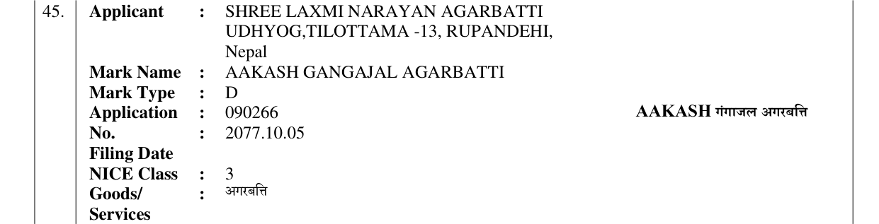 Original bulletin entry for AAKASH GANGAJAL AGARBATTI