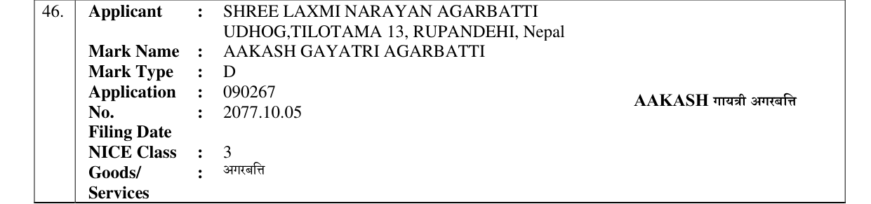 Original bulletin entry for AAKASH GAYATRI AGARBATTI