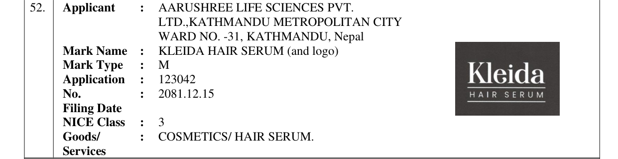 Original bulletin entry for KLEIDA HAIR SERUM (and logo)