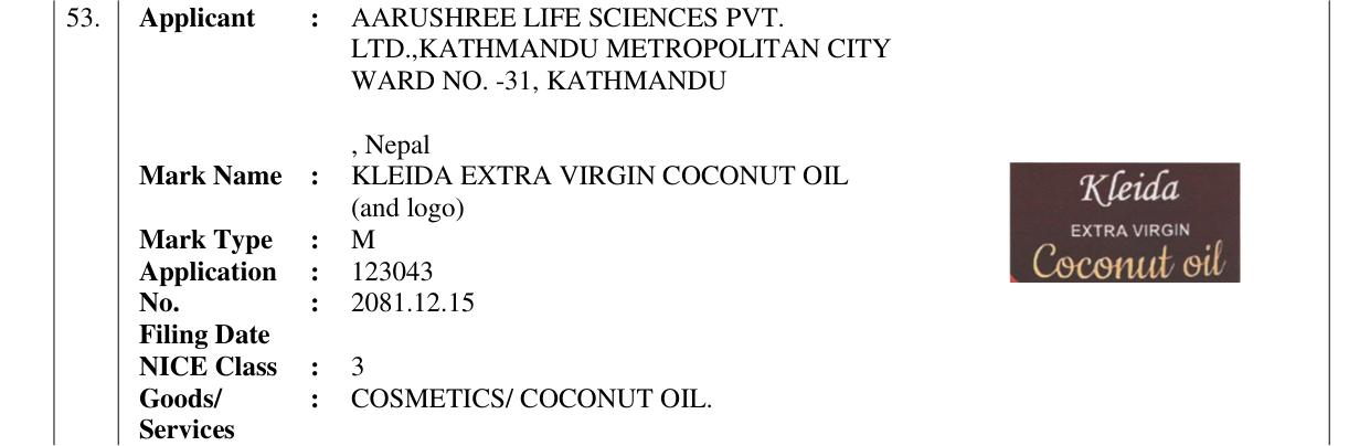 Original bulletin entry for KLEIDA EXTRA VIRGIN COCONUT OIL (and logo)