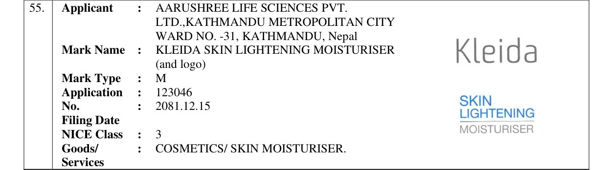 Original bulletin entry for KLEIDA SKIN LIGHTENING MOISTURISER (and logo)
