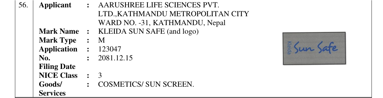 Original bulletin entry for KLEIDA SUN SAFE (and logo)